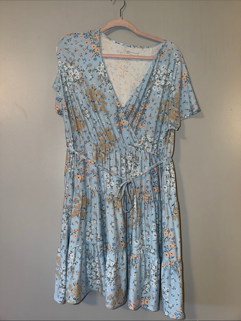Cute Light Blue Floral Wrap Dress with Tie Waist